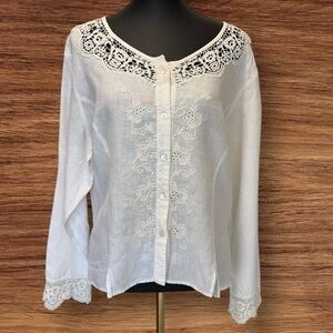 100% Linen White J Jill White Lace Trim w Embroidery Size XL Quiet Luxury